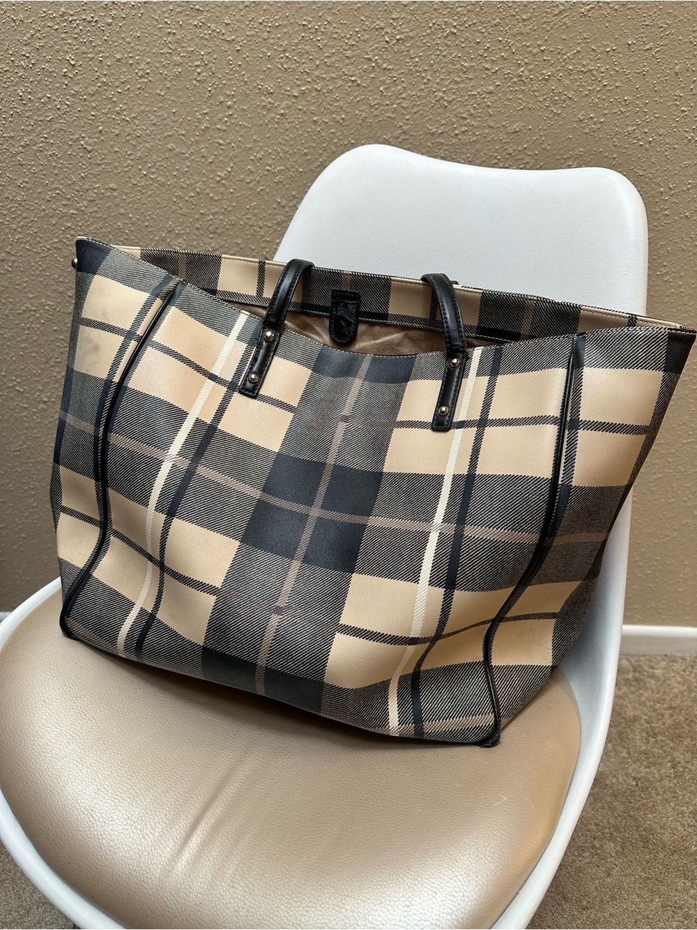 Kate Spade XL Plaid Allison Ave Sidney Tote Bag Purse Heritage Old Money Neutral - Picture 2 of 10